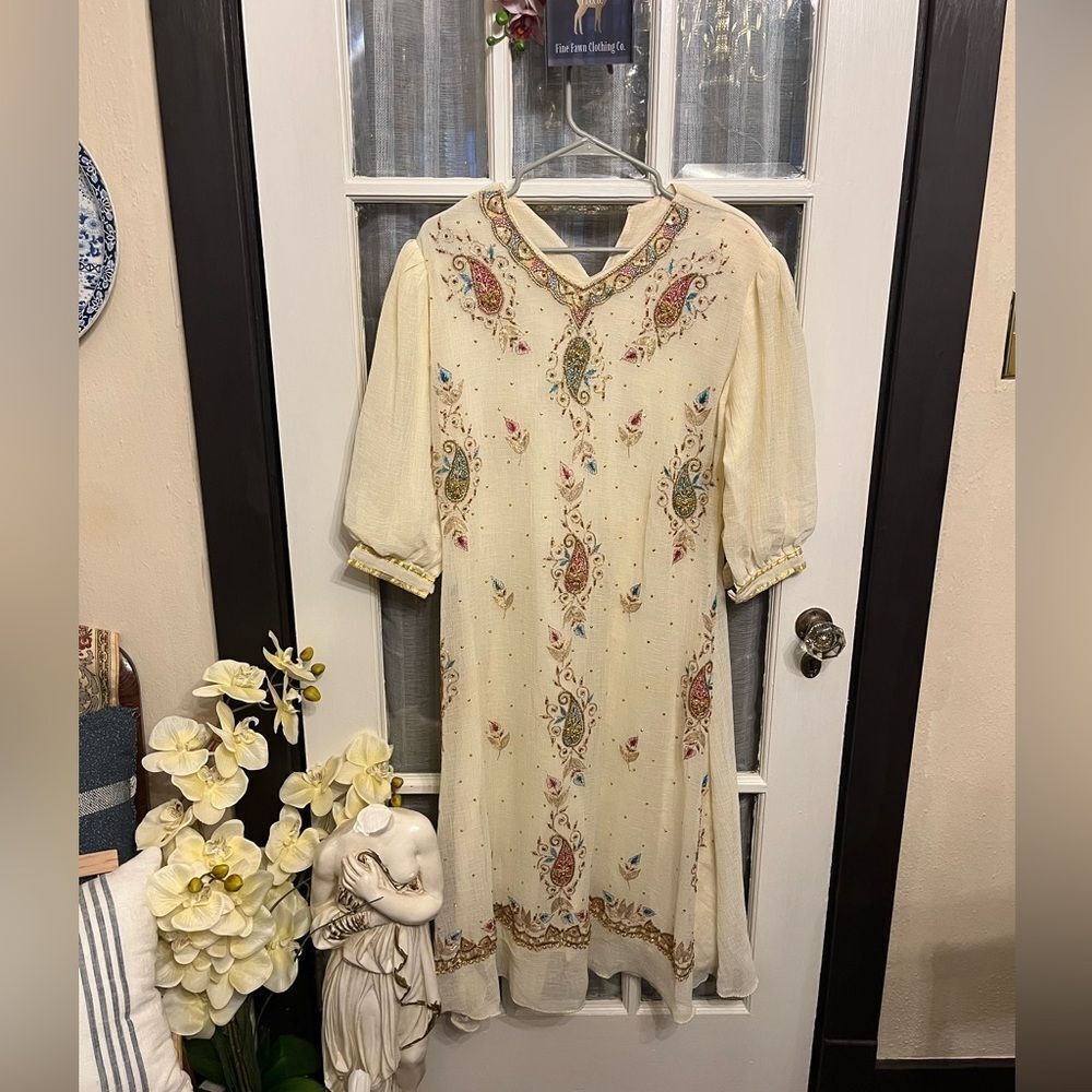 Embroidered Cream Dress with Paisley Design